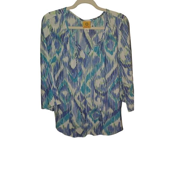 Ruby Rd Boho Tunic Top M – Blue Purple Ikat Print 3/4 Sleeve Tassel Blouse - Picture 1 of 4